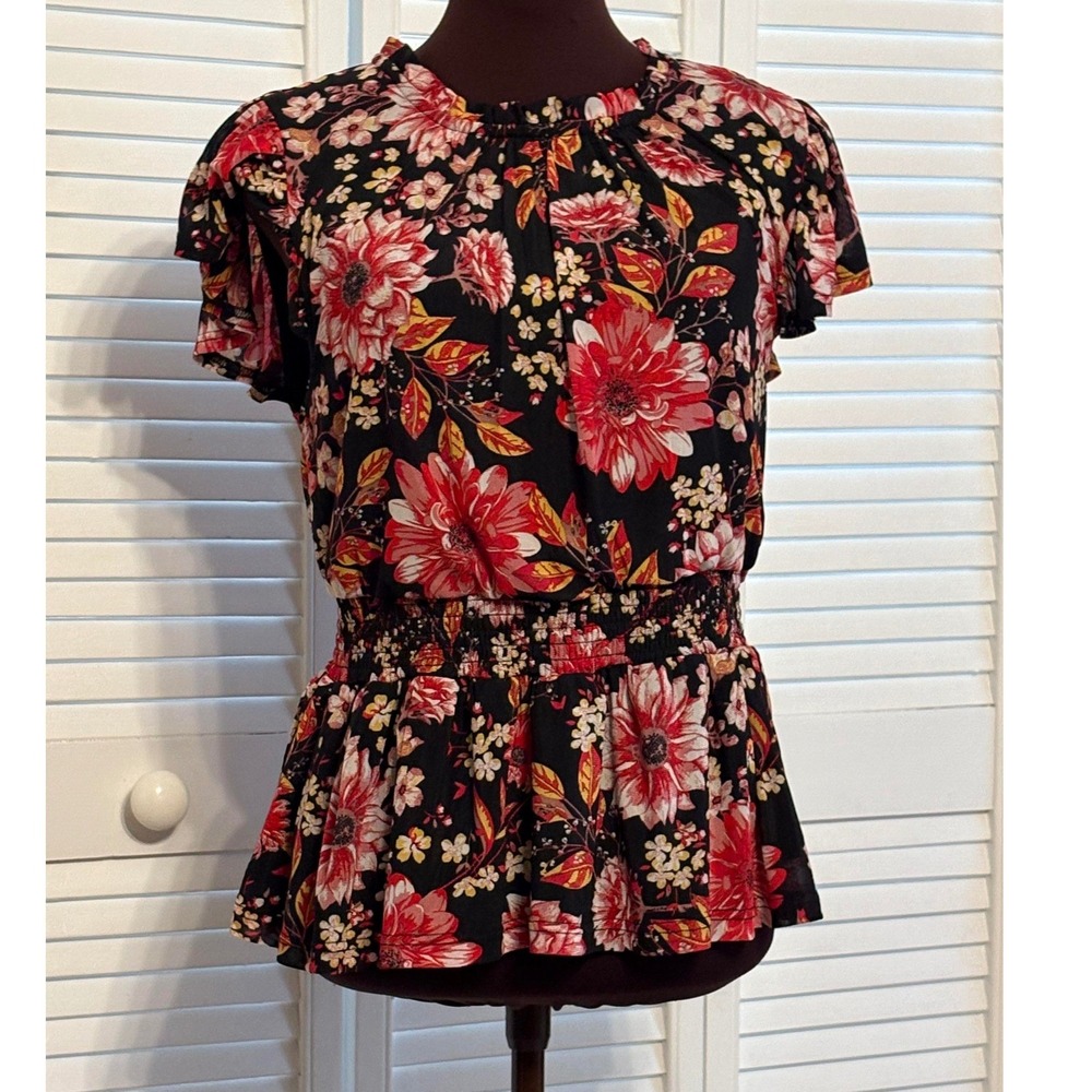 So It Is Floral Peplum Top Smocked Waist Flutter Sleeve Black Red Large NWT